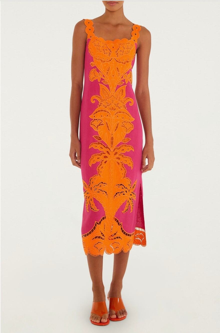 Stunning FARM Rio Pink Orange Cutwork Linen Dress, Size S (NEW)